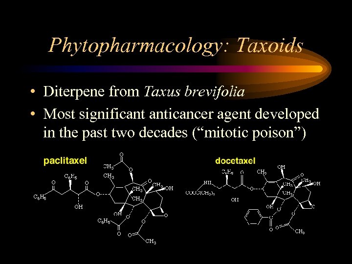 Phytopharmacology: Taxoids • Diterpene from Taxus brevifolia • Most significant anticancer agent developed in