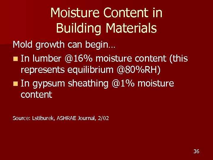 Moisture Content in Building Materials Mold growth can begin… n In lumber @16% moisture