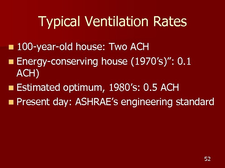 Typical Ventilation Rates n 100 -year-old house: Two ACH n Energy-conserving house (1970’s)”: 0.