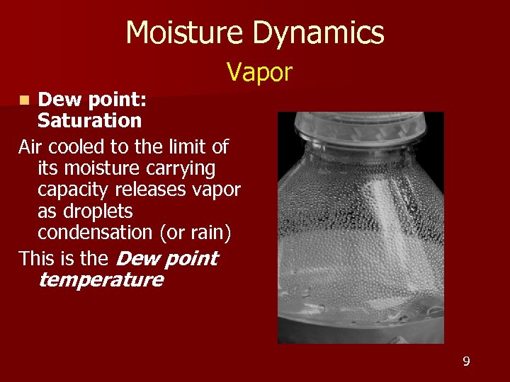 Moisture Dynamics Vapor Dew point: Saturation Air cooled to the limit of its moisture