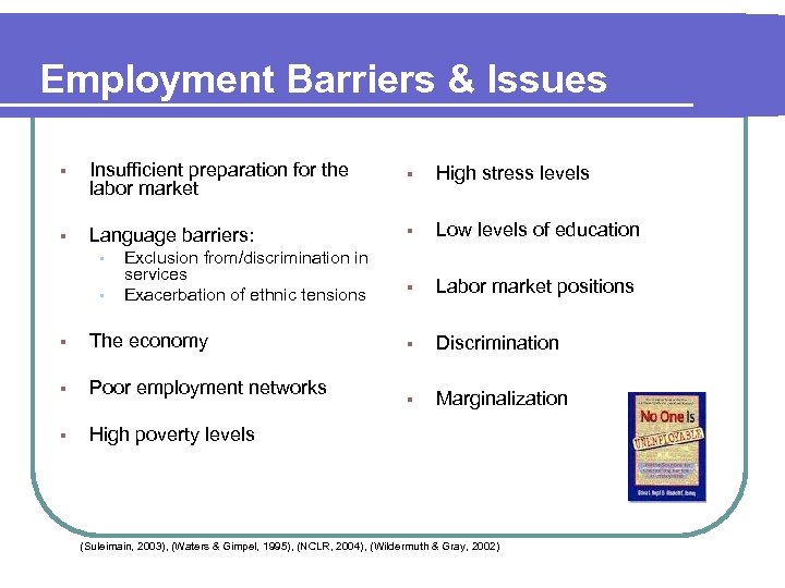 Employment Barriers & Issues § Insufficient preparation for the labor market § High stress