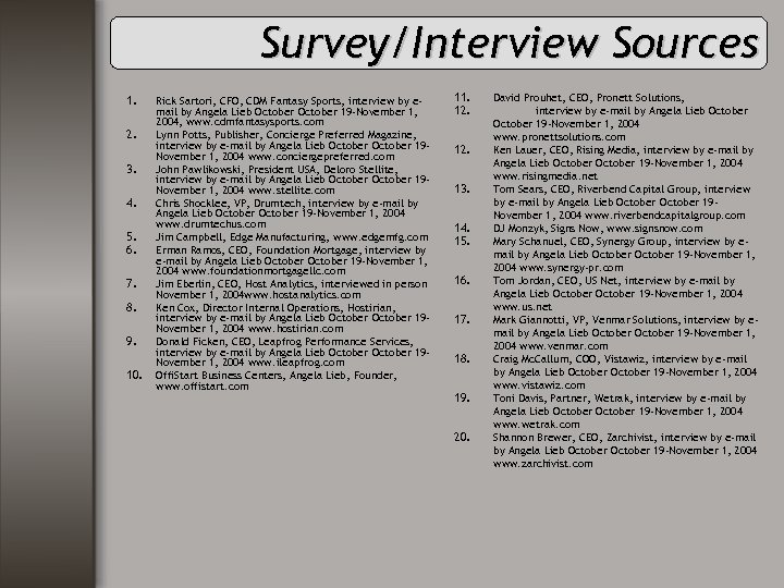 Survey/Interview Sources 1. 2. 3. 4. 5. 6. 7. 8. 9. 10. Rick Sartori,