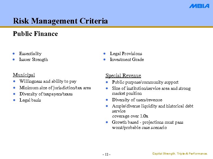 Risk Management Criteria Public Finance · Essentiality · Issuer Strength Municipal · · Willingness
