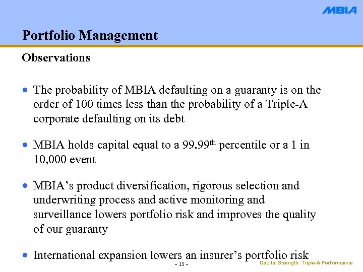 Portfolio Management Observations · The probability of MBIA defaulting on a guaranty is on