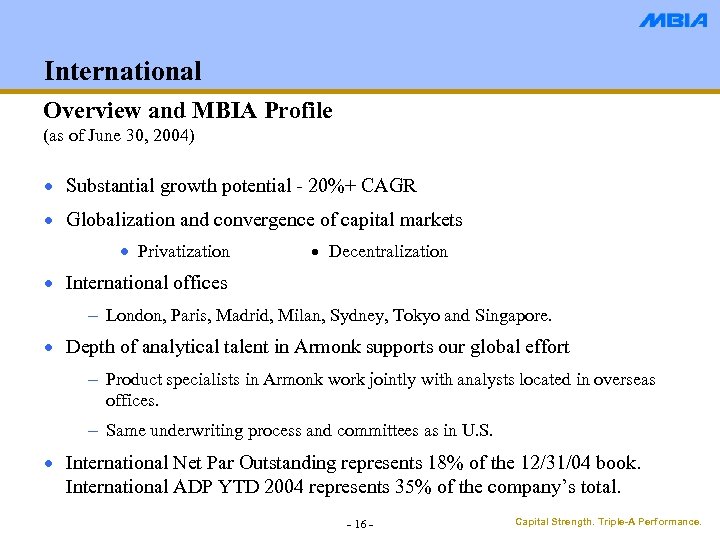International Overview and MBIA Profile (as of June 30, 2004) · Substantial growth potential