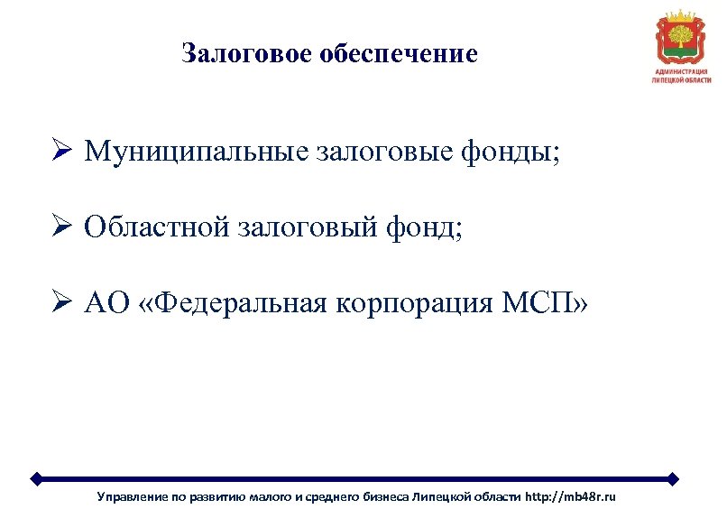 Залоговое обеспечение Ø Муниципальные залоговые фонды; Ø Областной залоговый фонд; Ø АО «Федеральная корпорация