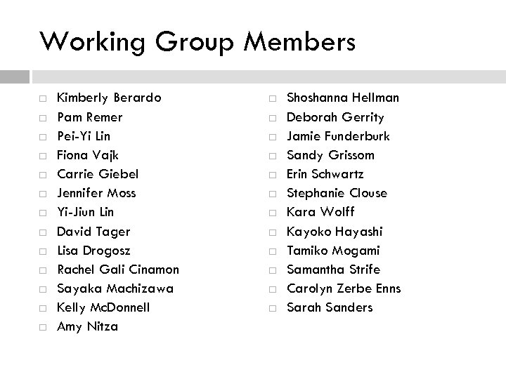 Working Group Members Kimberly Berardo Pam Remer Pei-Yi Lin Fiona Vajk Carrie Giebel Jennifer