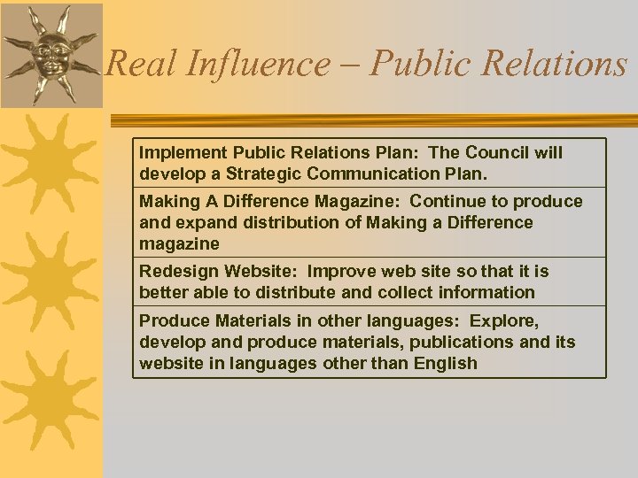 Real Influence – Public Relations Implement Public Relations Plan: The Council will develop a