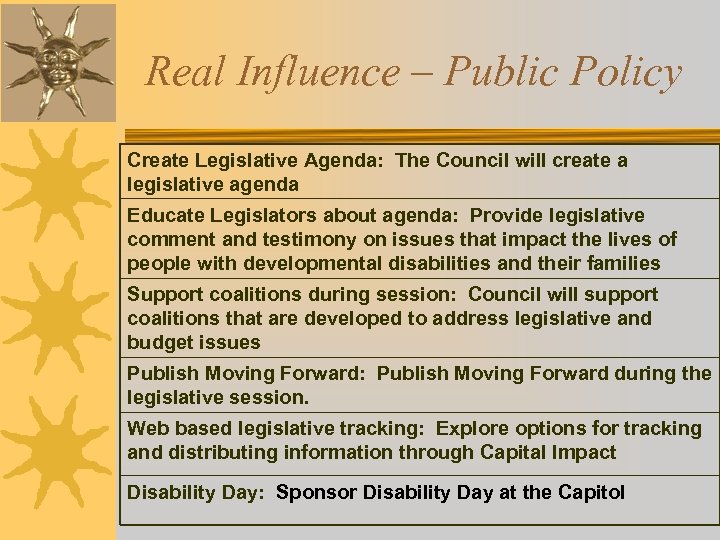 Real Influence – Public Policy Create Legislative Agenda: The Council will create a legislative
