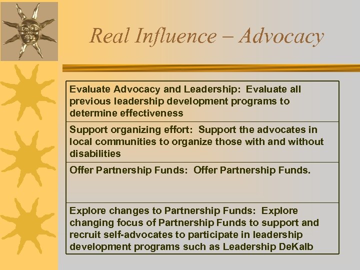 Real Influence – Advocacy Evaluate Advocacy and Leadership: Evaluate all previous leadership development programs