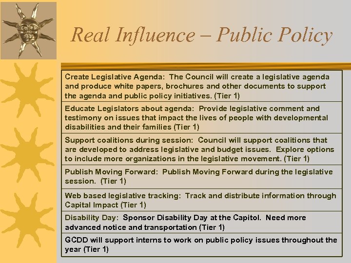 Real Influence – Public Policy Create Legislative Agenda: The Council will create a legislative