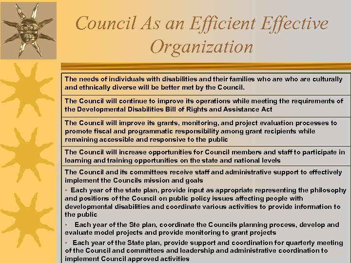 Council As an Efficient Effective Organization The needs of individuals with disabilities and their