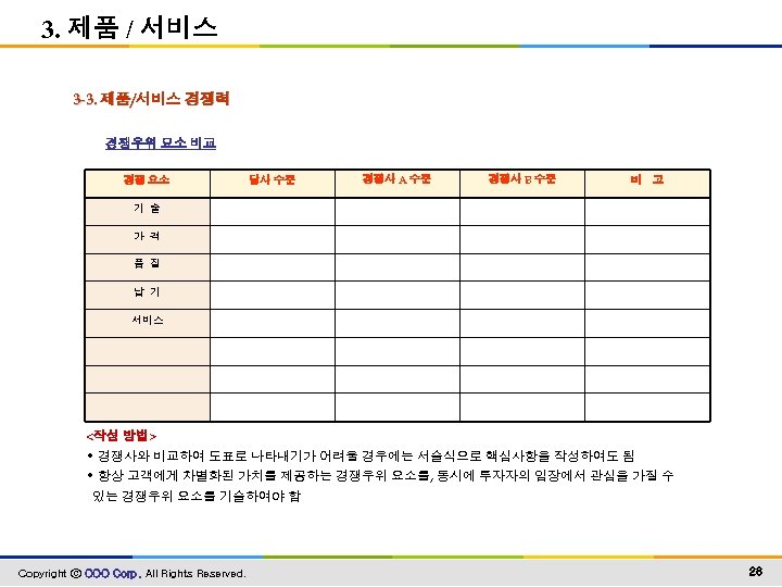 3. 제품 / 서비스 3 -3. 제품/서비스 경쟁력 경쟁우위 요소 비교 경쟁 요소 당사