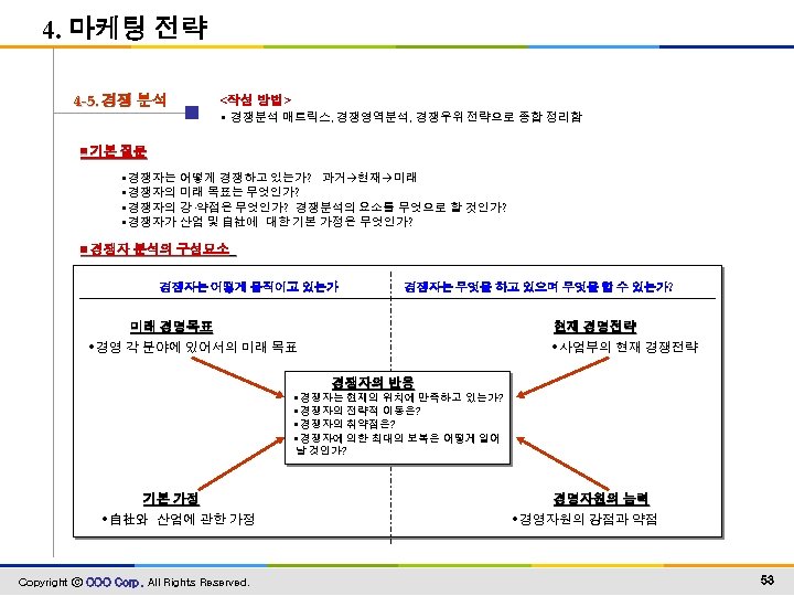 4. 마케팅 전략 4 -5. 경쟁 분석 <작성 방법> • 경쟁분석 매트릭스, 경쟁영역분석, 경쟁우위