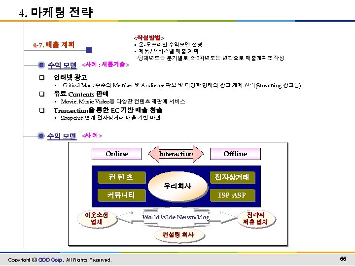 4. 마케팅 전략 <작성방법> • 온-오프라인 수익모델 설명 • 제품/서비스별 매출 계획 4 -7.