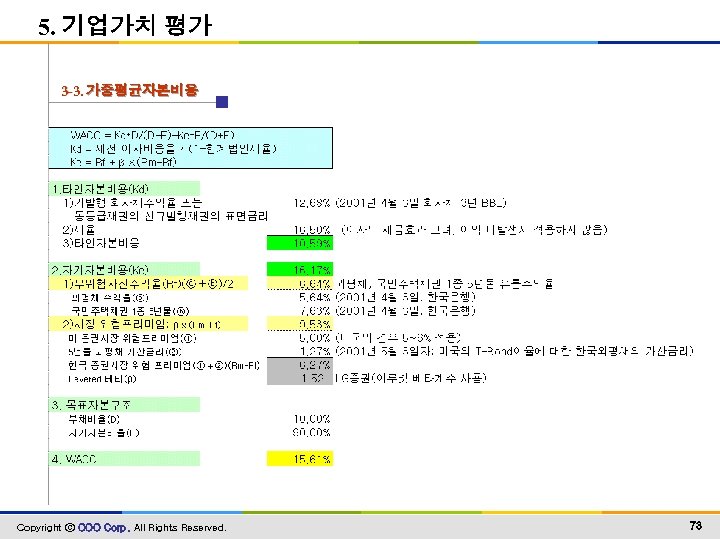 5. 기업가치 평가 3 -3. 가중평균자본비용 Copyright ⓒ OOO Corp. All Rights Reserved. 73