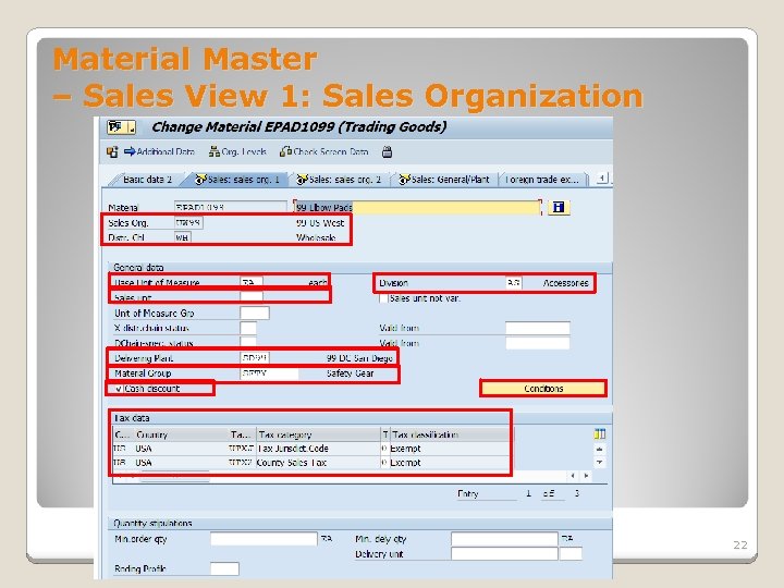 Material Master – Sales View 1: Sales Organization 22 