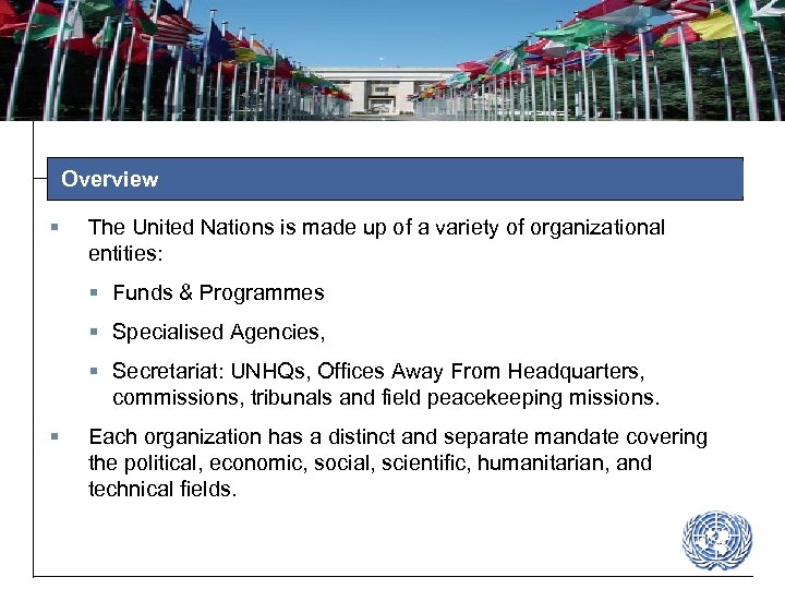 Overview § The United Nations is made up of a variety of organizational entities: