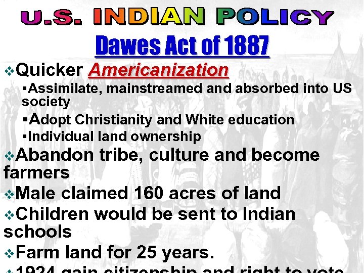 Dawes Act of 1887 v. Quicker Americanization §Assimilate, mainstreamed and absorbed into US society