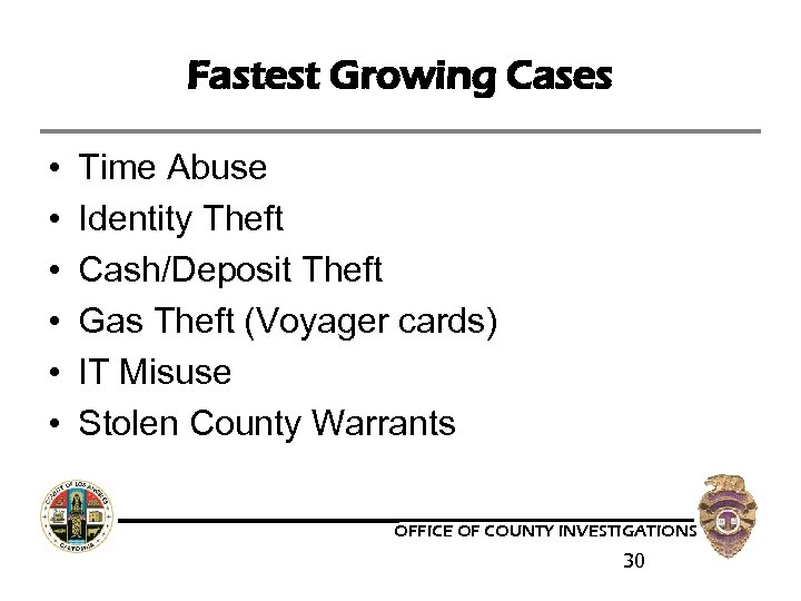 Fastest Growing Cases • • • Time Abuse Identity Theft Cash/Deposit Theft Gas Theft