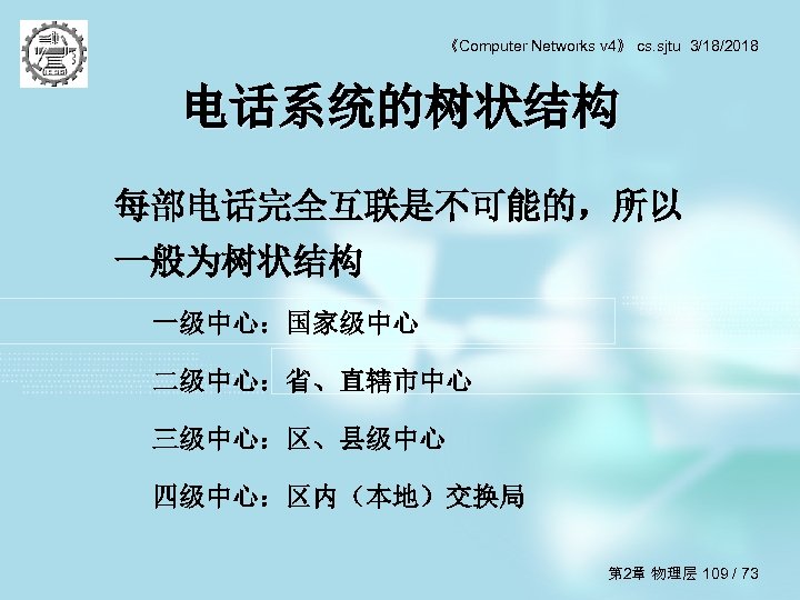 《Computer Networks v 4》 cs. sjtu 3/18/2018 电话系统的树状结构 每部电话完全互联是不可能的，所以 一般为树状结构 一级中心：国家级中心 二级中心：省、直辖市中心 三级中心：区、县级中心 四级中心：区内（本地）交换局