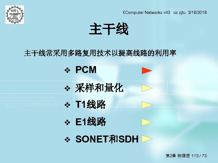 《Computer Networks v 4》 cs. sjtu 3/18/2018 主干线常采用多路复用技术以提高线路的利用率 v PCM v 采样和量化 v T