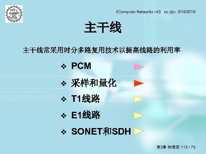 《Computer Networks v 4》 cs. sjtu 3/18/2018 主干线常采用时分多路复用技术以提高线路的利用率 v PCM v 采样和量化 v T
