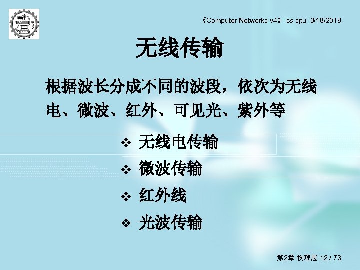 《Computer Networks v 4》 cs. sjtu 3/18/2018 无线传输 根据波长分成不同的波段，依次为无线 电、微波、红外、可见光、紫外等 v 无线电传输 v 微波传输