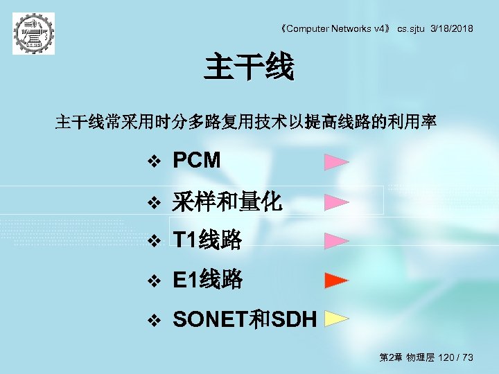 《Computer Networks v 4》 cs. sjtu 3/18/2018 主干线常采用时分多路复用技术以提高线路的利用率 v PCM v 采样和量化 v T