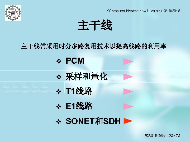 《Computer Networks v 4》 cs. sjtu 3/18/2018 主干线常采用时分多路复用技术以提高线路的利用率 v PCM v 采样和量化 v T