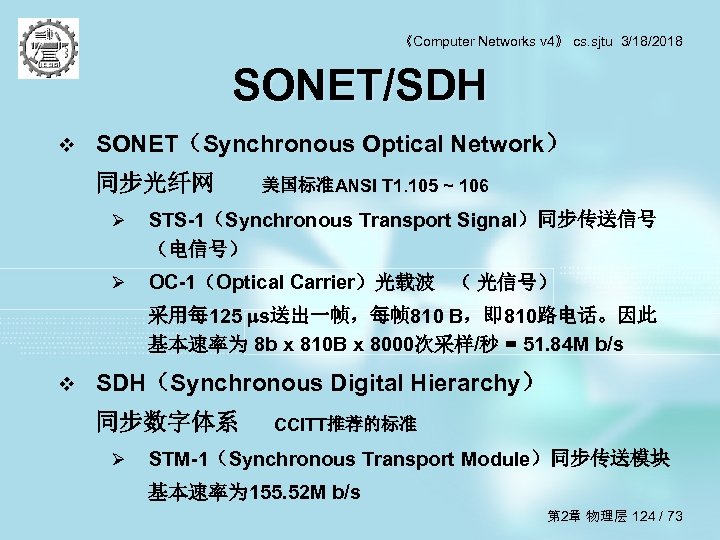 《Computer Networks v 4》 cs. sjtu 3/18/2018 SONET/SDH v SONET（Synchronous Optical Network） 同步光纤网 美国标准ANSI