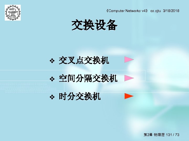《Computer Networks v 4》 cs. sjtu 3/18/2018 交换设备 v 交叉点交换机 v 空间分隔交换机 v 时分交换机