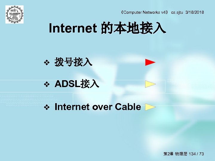《Computer Networks v 4》 cs. sjtu 3/18/2018 Internet 的本地接入 v 拨号接入 v ADSL接入 v