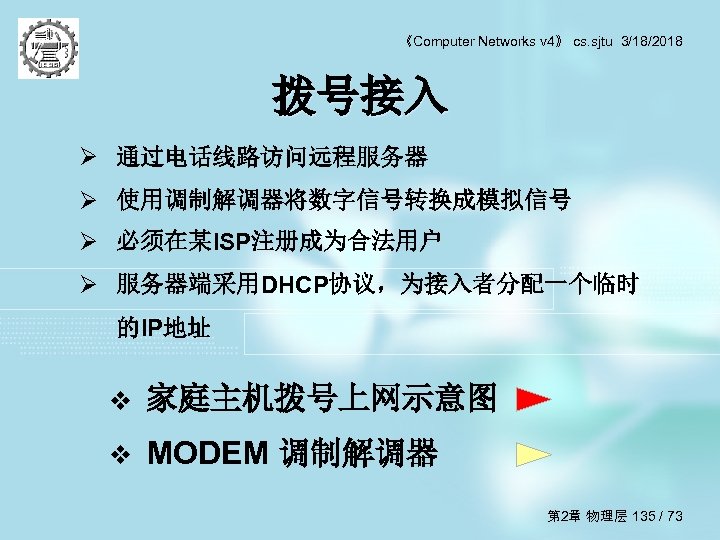 《Computer Networks v 4》 cs. sjtu 3/18/2018 拨号接入 Ø 通过电话线路访问远程服务器 Ø 使用调制解调器将数字信号转换成模拟信号 Ø 必须在某ISP注册成为合法用户