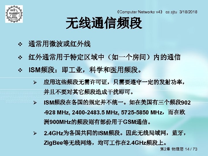 《Computer Networks v 4》 cs. sjtu 3/18/2018 无线通信频段 v 通常用微波或红外线 v 红外通常用于特定区域中（如一个房间）内的通信 v ISM频段：即
