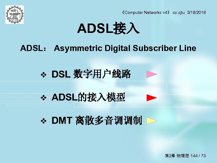 《Computer Networks v 4》 cs. sjtu 3/18/2018 ADSL接入 ADSL： Asymmetric Digital Subscriber Line v