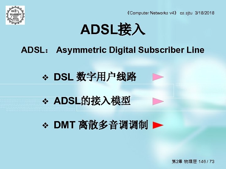 《Computer Networks v 4》 cs. sjtu 3/18/2018 ADSL接入 ADSL： Asymmetric Digital Subscriber Line v