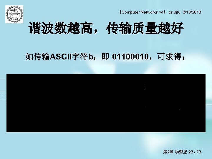 《Computer Networks v 4》 cs. sjtu 3/18/2018 谐波数越高，传输质量越好 如传输ASCII字符b，即 01100010，可求得： 第 2章 物理层 23