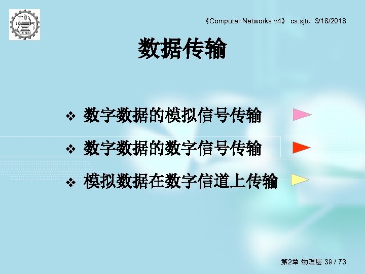 《Computer Networks v 4》 cs. sjtu 3/18/2018 数据传输 v 数字数据的模拟信号传输 v 数字数据的数字信号传输 v 模拟数据在数字信道上传输
