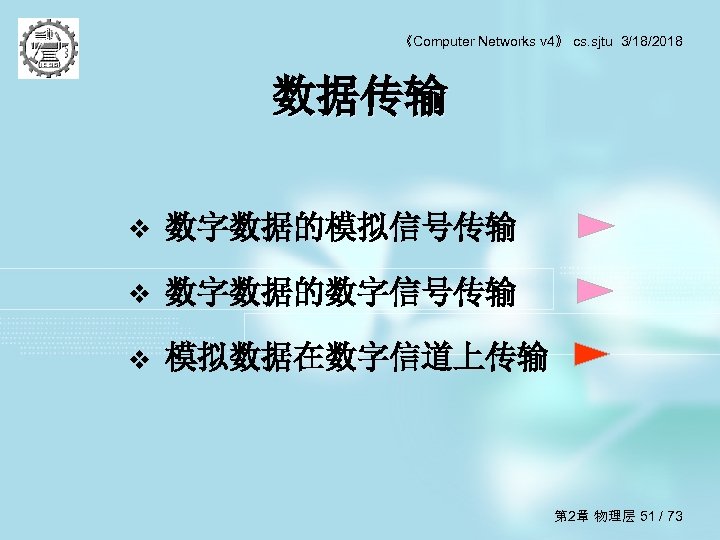 《Computer Networks v 4》 cs. sjtu 3/18/2018 数据传输 v 数字数据的模拟信号传输 v 数字数据的数字信号传输 v 模拟数据在数字信道上传输