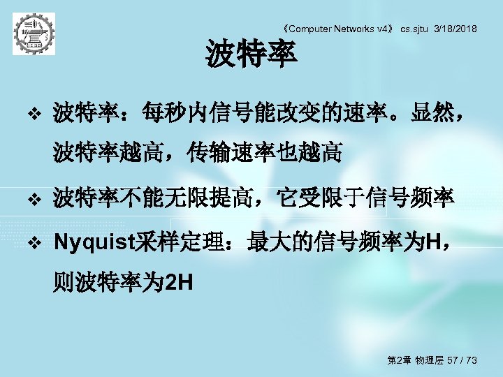 《Computer Networks v 4》 cs. sjtu 3/18/2018 波特率 v 波特率：每秒内信号能改变的速率。显然， 波特率越高，传输速率也越高 v 波特率不能无限提高，它受限于信号频率 v