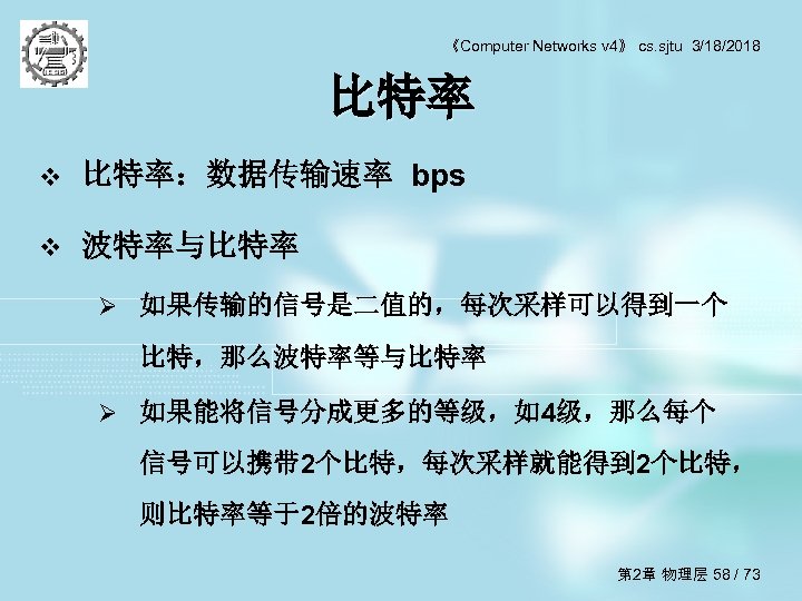 《Computer Networks v 4》 cs. sjtu 3/18/2018 比特率 v 比特率：数据传输速率 bps v 波特率与比特率 Ø