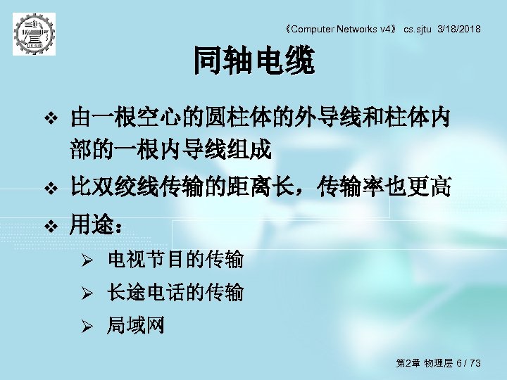 《Computer Networks v 4》 cs. sjtu 3/18/2018 同轴电缆 v 由一根空心的圆柱体的外导线和柱体内 部的一根内导线组成 v 比双绞线传输的距离长，传输率也更高 v