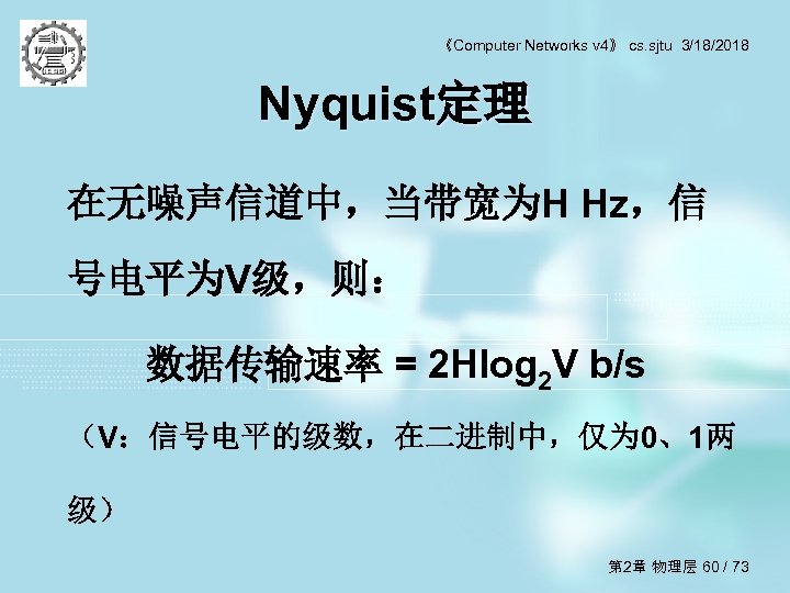 《Computer Networks v 4》 cs. sjtu 3/18/2018 Nyquist定理 在无噪声信道中，当带宽为H Hz，信 号电平为V级，则： 数据传输速率 = 2