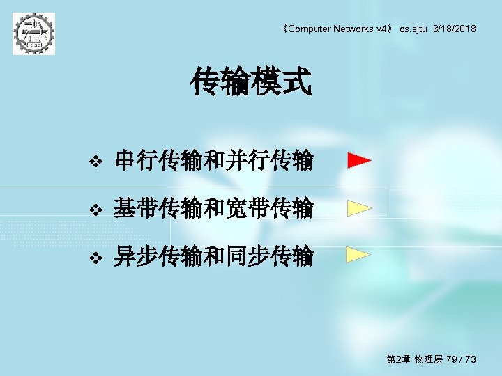 《Computer Networks v 4》 cs. sjtu 3/18/2018 传输模式 v 串行传输和并行传输 v 基带传输和宽带传输 v 异步传输和同步传输