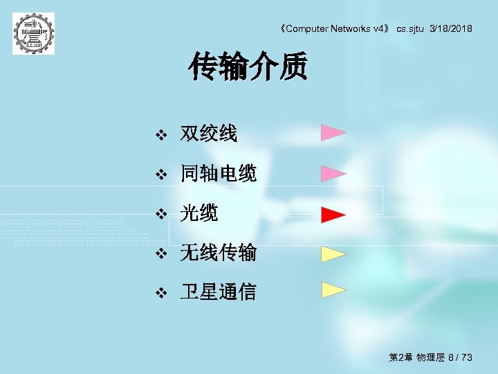 《Computer Networks v 4》 cs. sjtu 3/18/2018 传输介质 v 双绞线 v 同轴电缆 v 光缆