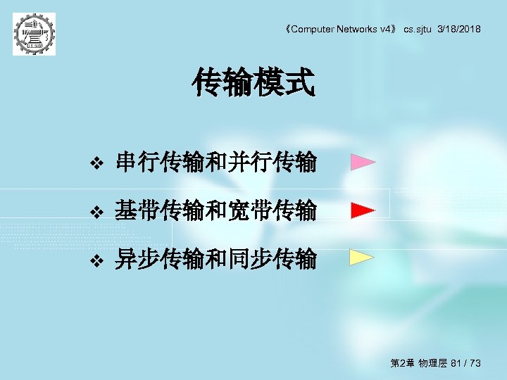 《Computer Networks v 4》 cs. sjtu 3/18/2018 传输模式 v 串行传输和并行传输 v 基带传输和宽带传输 v 异步传输和同步传输