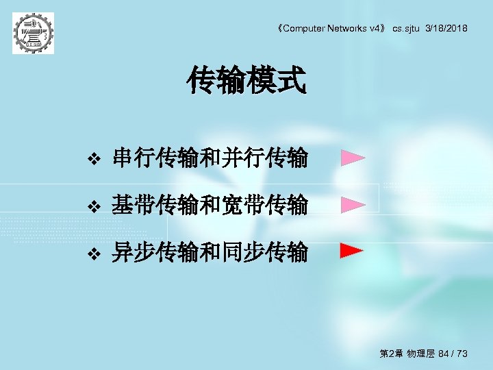 《Computer Networks v 4》 cs. sjtu 3/18/2018 传输模式 v 串行传输和并行传输 v 基带传输和宽带传输 v 异步传输和同步传输