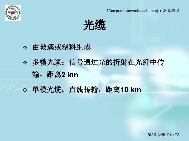 《Computer Networks v 4》 cs. sjtu 3/18/2018 光缆 v 由玻璃或塑料组成 v 多模光缆：信号通过光的折射在光纤中传 输，距离 2