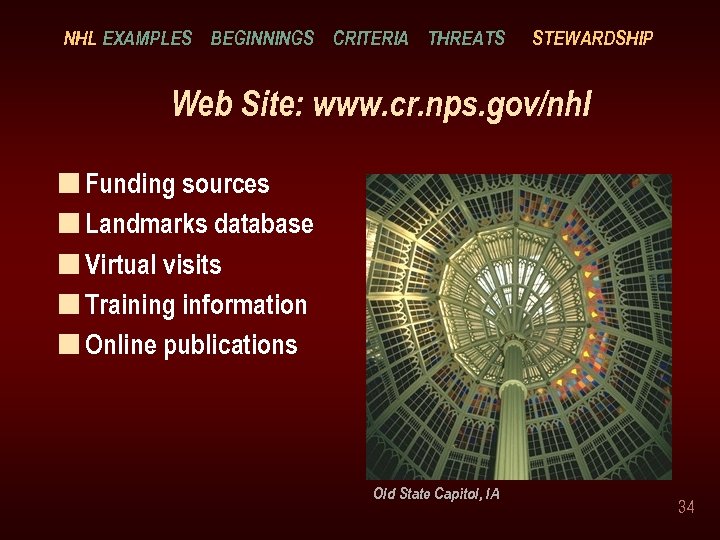 NHL EXAMPLES BEGINNINGS CRITERIA THREATS STEWARDSHIP Web Site: www. cr. nps. gov/nhl n Funding
